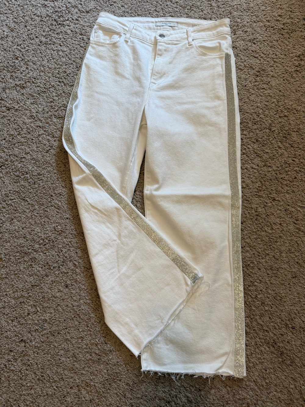 Fidelity White Women’s Cropped Raw Hem Jeans with Silver Sequinned Side Stripe